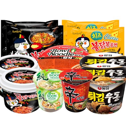 Koreanische Ramen 11er Mix | Scharfe & Milde Instant Nudeln und Toppoki aus Korea | Buldak & Cup Nudeln