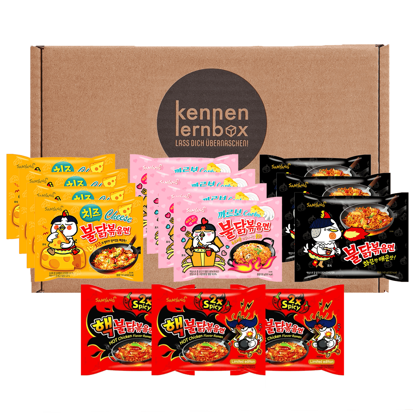 Buldak 14er Mix | Scharfe Koreanische Instant Nudeln | Verschiedene Geschmäcker in einem Pack | Perfekte Geschenkidee