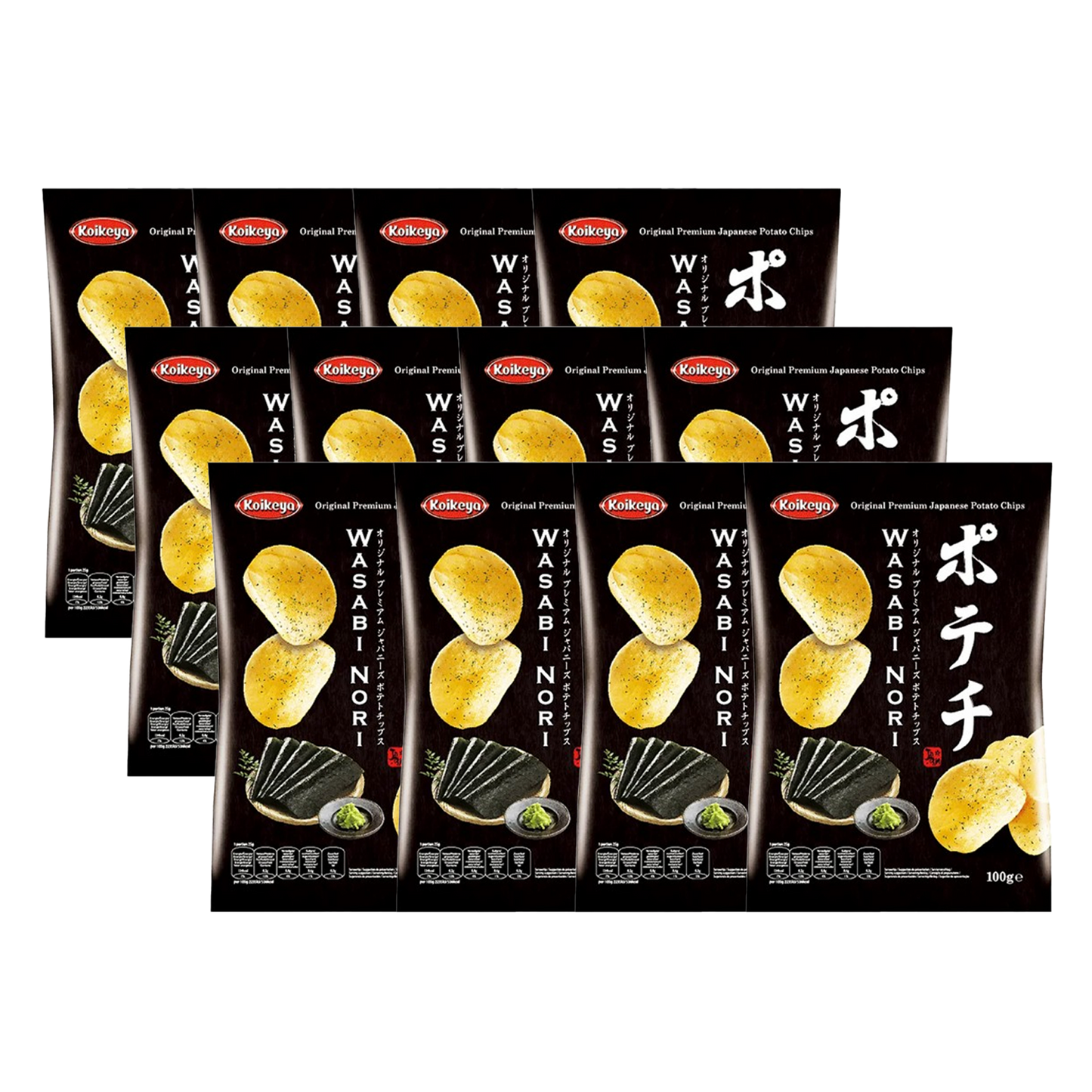 12x Wasabi Nori Chips | Beliebter Snack aus Japan | Knusprige Kartoffelchips mit würzigem Wasabi- und Algenaroma