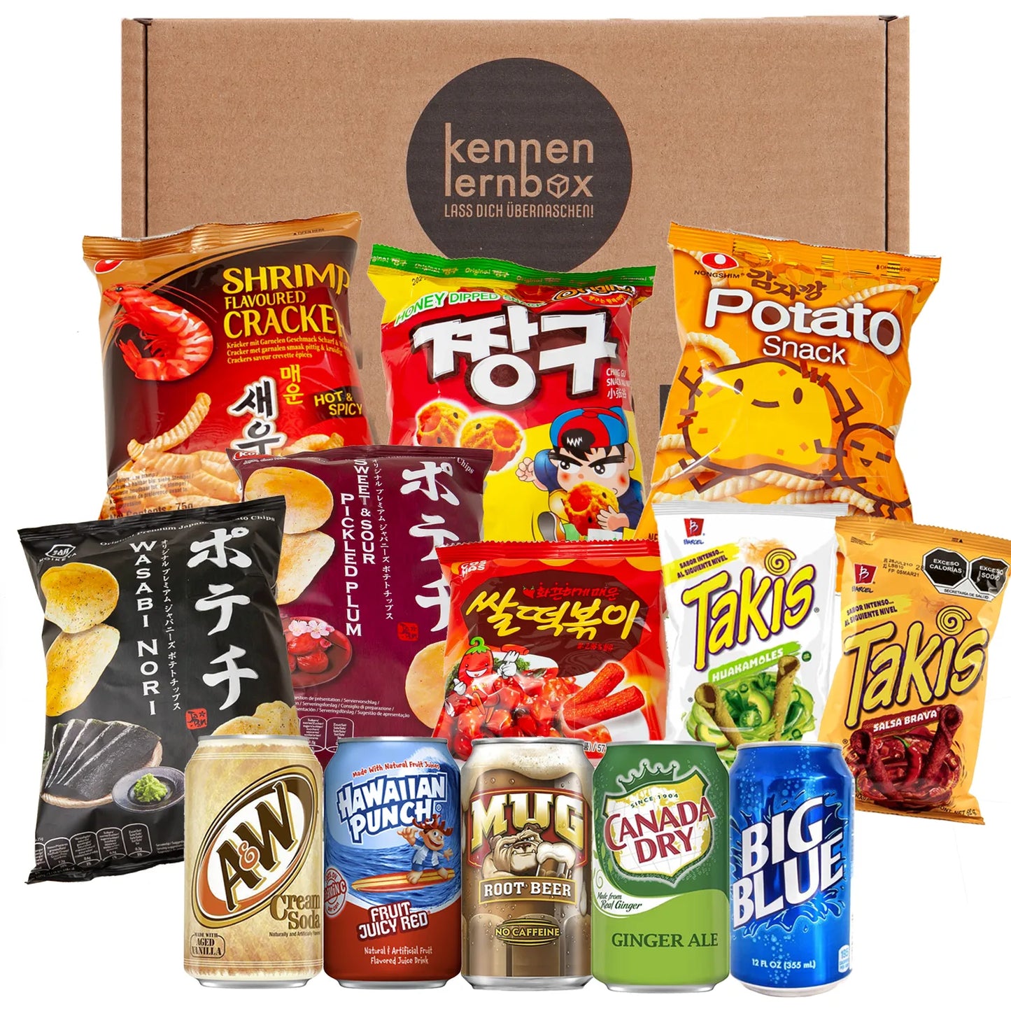 Snack Party Box | 12 beliebte Chips & Getränke aus USA, Korea und Japan | Entdecke neue Geschmäcker und Kulturen